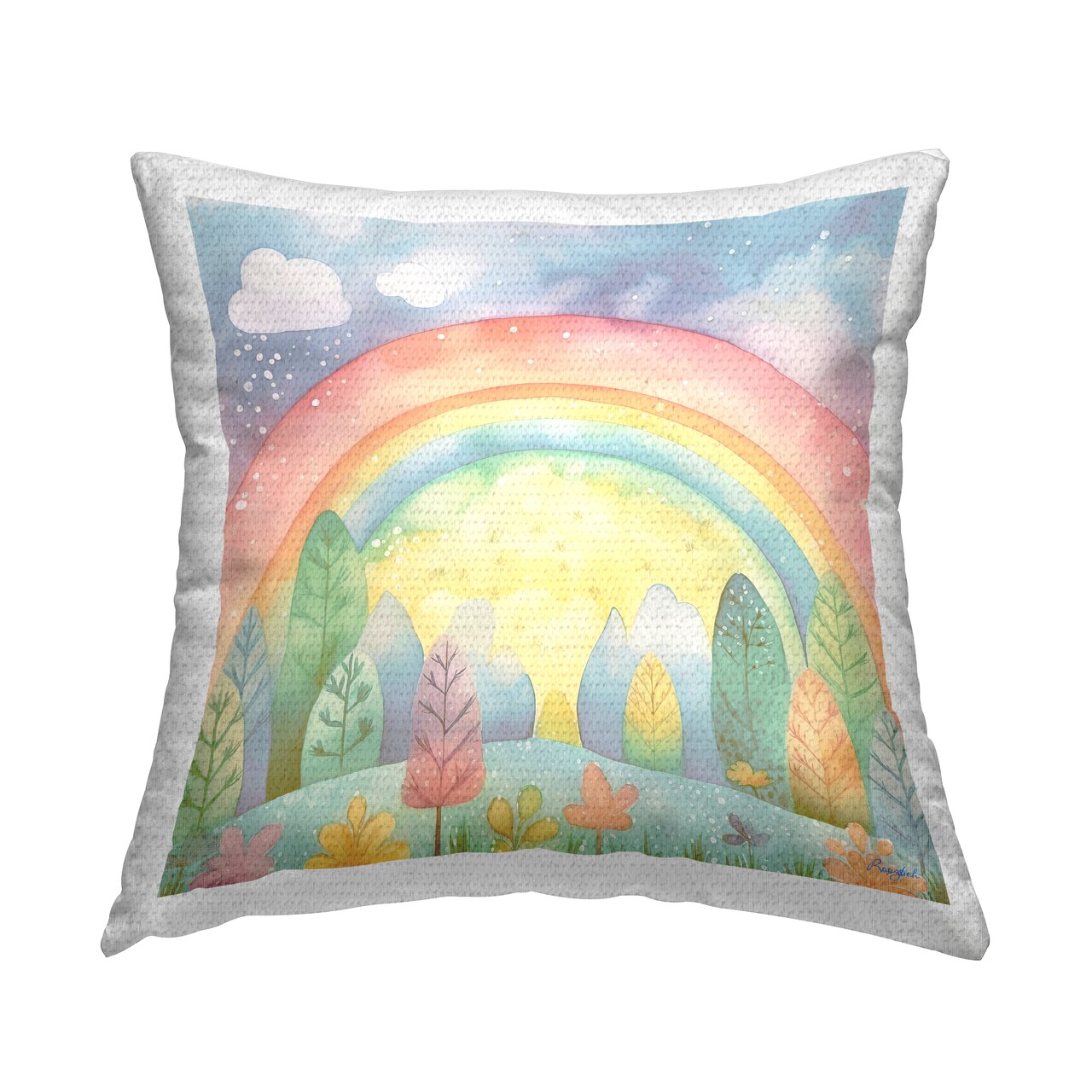 Pastel Rainbow & Rain Clouds Outdoor Printed Pillow Design by Roozbeh, 18 x 7 x 18